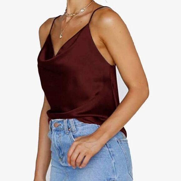 Cowl Neck Satin Cami Silky Cami Tank Top Soft - Picture 2 of 8